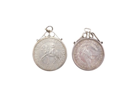 Two coin pendants, comprising a 1977 collectors crown in white metal mount, marked silver and a one dollar coin, dated 1882. (2)