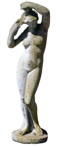 A reconstituted stone garden figure group, of a partially nude female, on circular base, 118cm high.