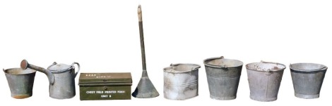 Assorted galvanised wares, to include watering can, bucket, graduated bucket, military tin, etc. (a quantity)