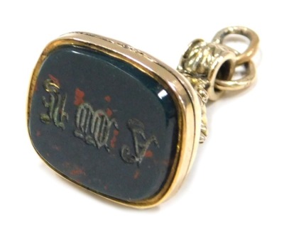 A 19thC gilt seal fob, set with green and orange agate bearing the initials FWA, yellow metal unmarked, 6.8g all in.