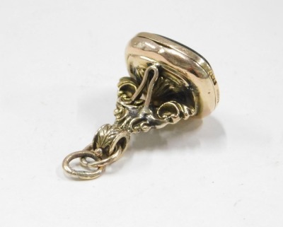 A 19thC gilt seal fob, set with green and orange agate bearing the initials FWA, yellow metal unmarked, 6.8g all in. - 2