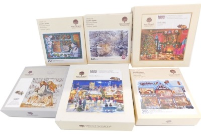 Six Wentworth wooden jigsaw puzzles, to include Yule Tide Puppies, North Wind, The Night before Christmas, The Puzzle that Burnt the Turkey, Megatab Mintaka and The Snowman, and Christmas Market. (6)