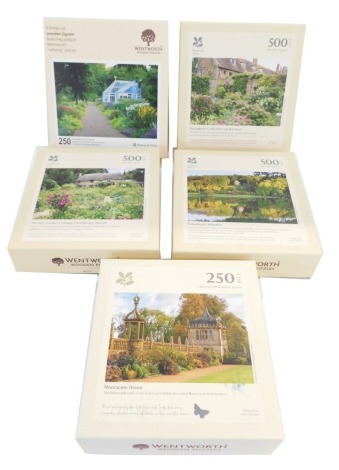 Five Wentworth National Trust wooden jigsaws, to include Arlington Court Devon, Sissinghurst Castle, Rose Garden Kent, Montacute House, Thomas Hardy's Cottage Dorchester, and Scourhead Wiltshire. (5)