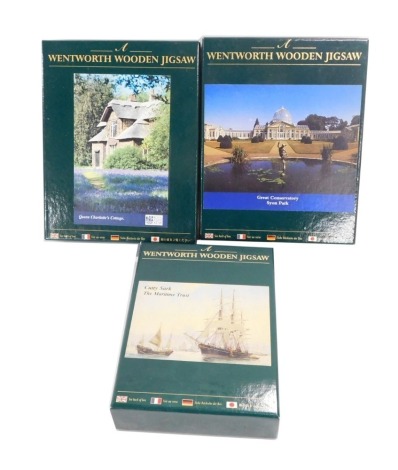 Three Wentworth green box wooden jigsaws, to include The Great Conservatory Syon Park, Queen Charlotte's Cottage, and Cutty Sark The Maritime Trust. (3)