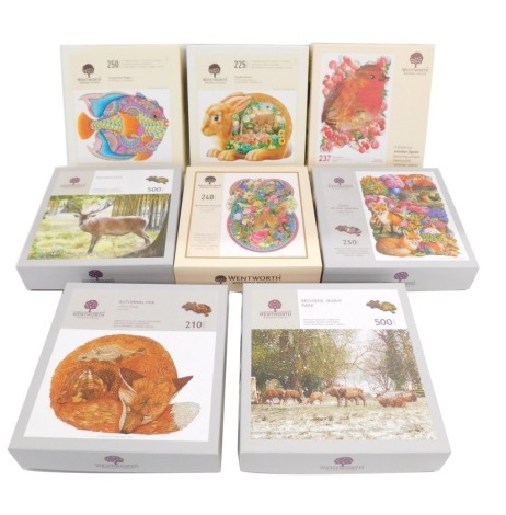 Eight Wentworth Wooden jigsaw puzzles, to include Spectacular Peacock, Foxes in the Garden, Scaling New Heights, Garden Bunny, Round Robin, Red Deer Stag, Autumnal Fox, and Red Deer Bushy Park.