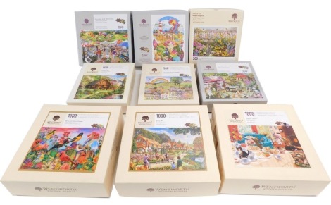 Nine Wentworth wooden jigsaw puzzles, comprising Say Thank you with a Rainbow, Antiques and Winery, Balloon and Craft Fair, Seaside Snow Globe, Bird Bath Bonanza, Tea Time Terrors, Holiday Cabin, Rural Life, and Bird's and Blossom's Garden.