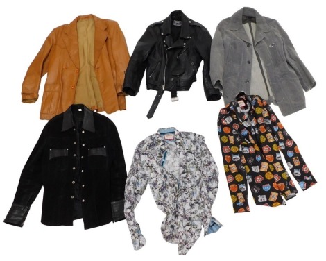 A quantity of gentleman's fashion clothing, to include a Diesel size medium jacket, a black leather jacket size 43, a suede and leather jacket size large, jeans, three Joe Brown size medium patterned shirts, Duck & Cover shirt, and a tan brown leather jac