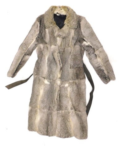 A full length size 16 mottled pale grey fur coat.