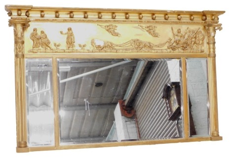 A 19thC gilt overmantel mirror, the crest decorated with neoclassical figures, a chariot, etc., above three bevelled plates, flanked by cluster column pilasters, 91cm high, 148cm wide.