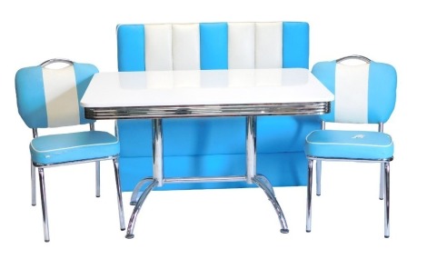 A 1950s style dining room suite, comprising table with cream top and chrome plated edge, on shaped base, 75cm high, 122cm wide, 82cm deep, two chairs with blue and white striped upholstery and a matching bench, 121cm wide.