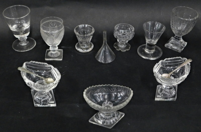 A collection of late 18th/early 19thC glasses, to include short stem wine glass, pair of boat shaped salts, two glasses each with square bases, etc. We have specific vendors instructions TO SELL WITHOUT RESERVE.