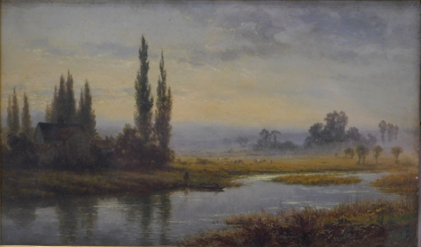 Robert Gallon (1845-1925). Early morning on the Kennet, oil on board, signed and titled verso, 23.5cm x 40cm.