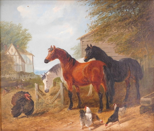 Henry Charles Woollett (act. 1851-1898). Stable exterior with horses, chickens and turkey, oil on canvas, signed, 29.5cm x 34.5cm.