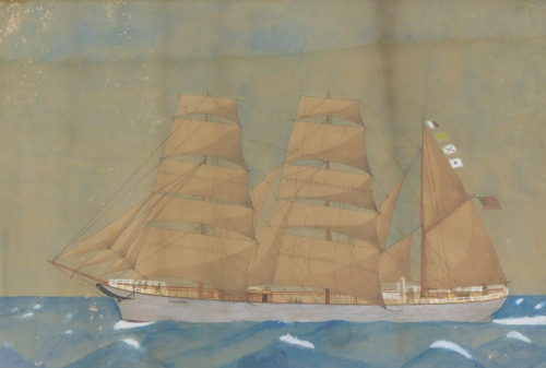 19thC School. Masted ship - J.T. North, watercolour, 52cm x 77cm.