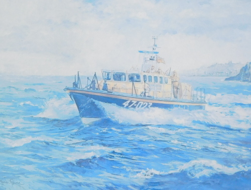 Jordi Nunez Segura (b.1932). Whitby Lifeboat City of Sheffield, artist signed limited edition coloured print, 71/500, also signed Peter N. Thomson - Coxswain, 40cm x 47cm.