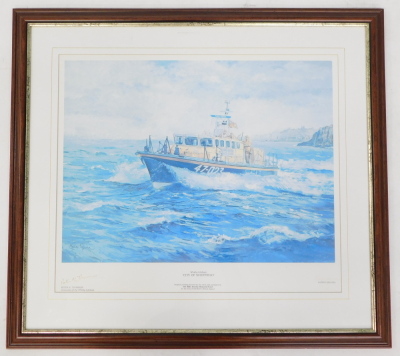 Jordi Nunez Segura (b.1932). Whitby Lifeboat City of Sheffield, artist signed limited edition coloured print, 71/500, also signed Peter N. Thomson - Coxswain, 40cm x 47cm. - 2