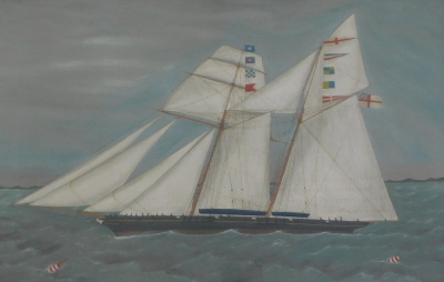 19thC School. Masted ship, oil on canvas, 46cm x 71cm.