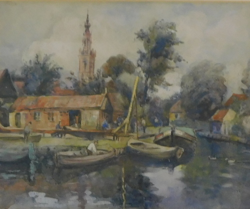 19thC/20thC School. Boat Yard, watercolour, 23cm x 28cm.