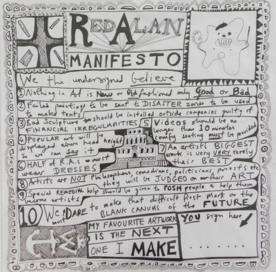 Grayson Perry (b.1960). Red Alan Manifesto, Impression paper napkin, 32.5cm x 32.5cm.