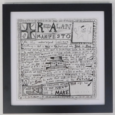 Grayson Perry (b.1960). Red Alan Manifesto, Impression paper napkin, 32.5cm x 32.5cm. - 2