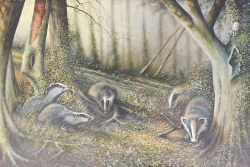 Roy Collett (b.1937). Badgers, oil on canvas, signed, 60.5cm x 91cm.