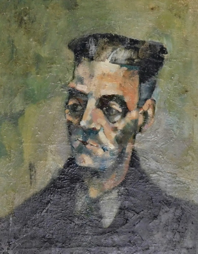 20thC School. Head and shoulders of a man, oil on canvas, inscribed verso Mrs W.B. Maish, 10 Buckingham Lane, Nuneaton, Warwickshire, England, 50cm x 40cm.