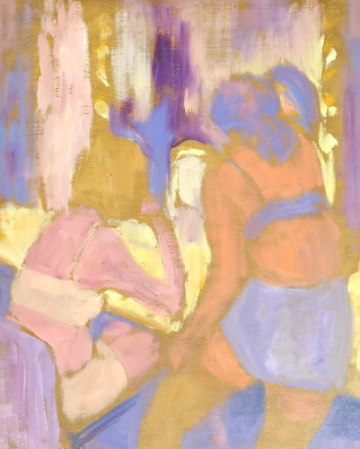 20thC School. Female figures in dressing room, oil on canvas, 55cm x 46cm. Label verso The Hawker Gallery Amersham.