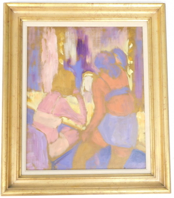 20thC School. Female figures in dressing room, oil on canvas, 55cm x 46cm. Label verso The Hawker Gallery Amersham. - 2