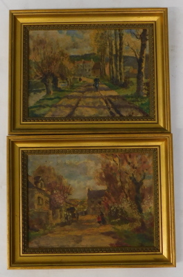 20thC Continental School. Figures on country lane, oil on board - pair, 20.5cm x 27.5cm.