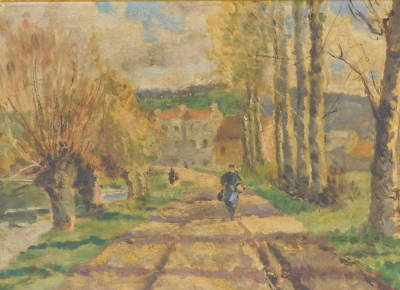 20thC Continental School. Figures on country lane, oil on board - pair, 20.5cm x 27.5cm. - 2