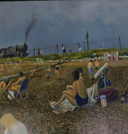 George Odling (b.1947). Figures on stony beach, oil on canvas, signed and dated, 99cm x 99cm.