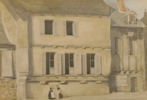 19thC Continental School. Figures on the street, watercolour, 25cm x 34cm.