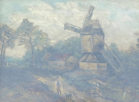 19thC British School. Country scene with figure and dog, windmill in background, oil on canvas, inscribed April 1911 verso, 21.5cm x 28cm.