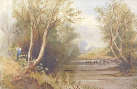 N. Bell (19thC). River scene with figure, oil on canvas, signed, 16cm x 24.5cm.