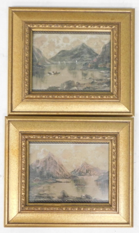 19thC/20thC Oriental school. Figure in boats, mountain river scenes, oil on canvas - pair, indistinctly signed, 16cm x 21cm.