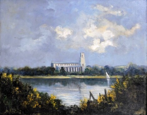 Shirley Carnt (19thC/20thC). Blythburgh Church and Estuary, oil on canvas, signed and titled verso, 39cm x 49cm. Artist and gallery labels verso.