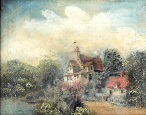 19thC School. Cottage by the river, oil on canvas, 19cm x 24cm.