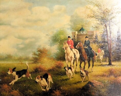 Stanley Davies (19thC/20thC). Riding with hounds, oil on board, signed, 38cm x 48cm.