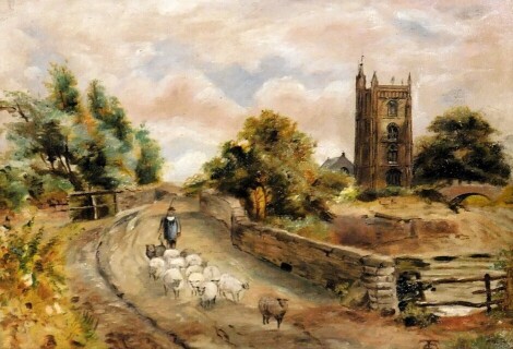 T.B. (19thC/20thC). Driving sheep, oil on canvas, initialled, 21.5cm x 31.5cm.