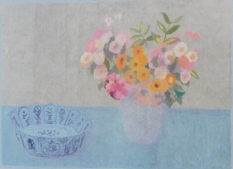 Bernard Myers (1925-2007). Mixed flowers with blue bowl, oil pastel, signed and titled verso, 53cm x 71cm. Label verso Galeria International de Arte Portugal.