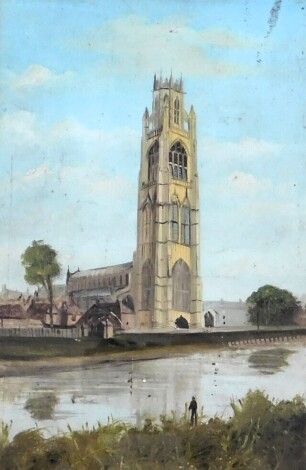 A. Johnson (19th/20thC). St Botolphs Church known as Boston stump, oil, attributed, titled and dated 1910 verso, 23cm x 15cm.