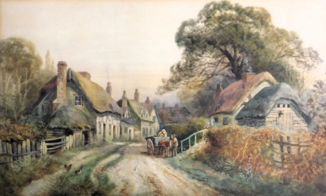 19thC School. Village lane with horse and cart, watercolour, 30cm x 49cm.