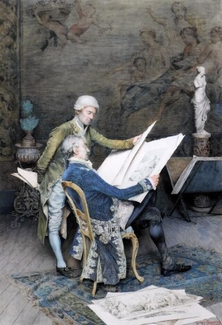 Giuseppe Signorini (1857-1932). The Connoisseurs, watercolour, signed, titled verso, 38cm x 27cm. Label verso Marie Louise Fine Art, Oxton, Notts.