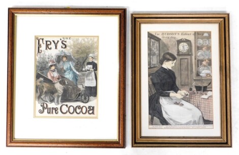 19thC coloured print. Use Hudson's extract of soap every day, The Rent Ready, 36cm x 23cm, and another Fry's Pure Cocoa.