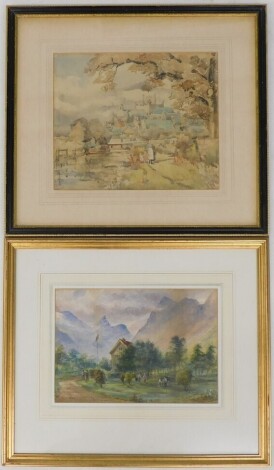 19thC/20thC British School. River landscape with church in the background, watercolour, initialled, 25cm x 30cm and another alpine landscape (2).