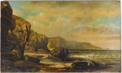 19thC School. Coastal scene and fishing boat and figures, oil on canvas, 30cm x 51cm.