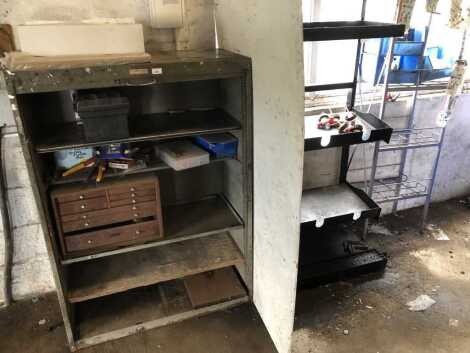 A steel cabinet and two steel racks, together with contents being a plastic toolbox, drawers including reamers, micrometer, DTI and adjustable micrometer.