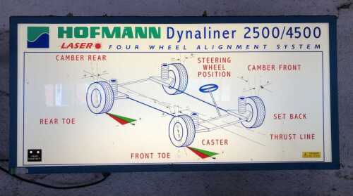 A Hofmann Dynaliner 2500/4500 laser four wheel alignment system, including illuminated sign, laser mounts, and a tool rack wall mounted with associated and other items.