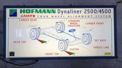 A Hofmann Dynaliner 2500/4500 laser four wheel alignment system, including illuminated sign, laser mounts, and a tool rack wall mounted with associated and other items.