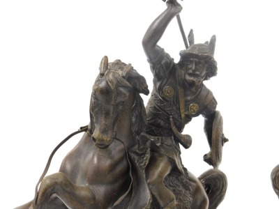 A pair of later 19thC spelter figures, modelled as warrior Goths on horseback, raised on an ebonised oval base, 32cm and 30cm wide. - 2